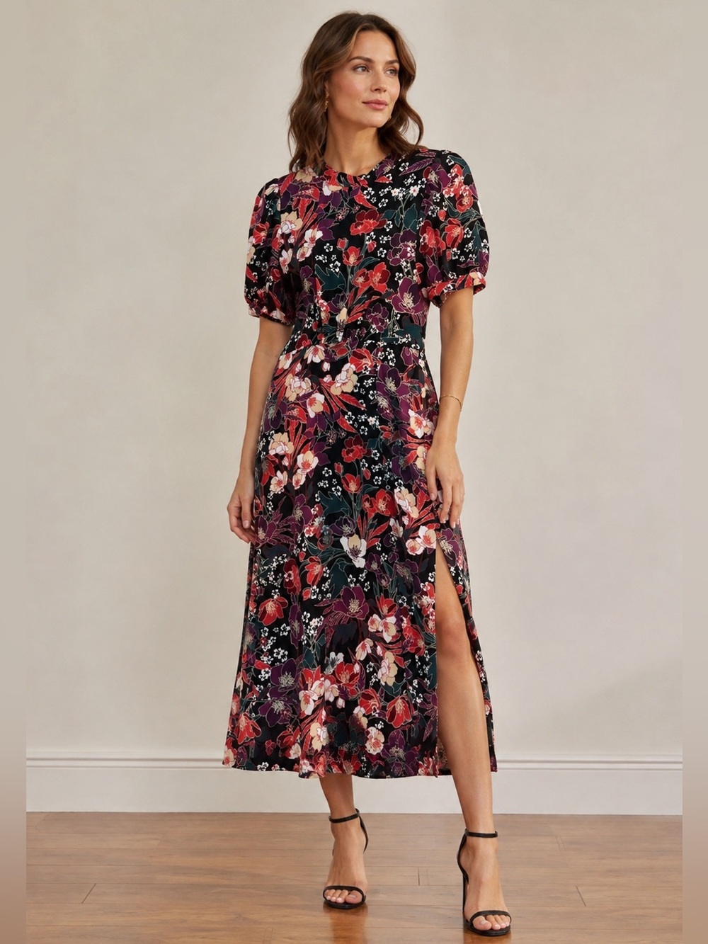 Julia Jordan Puff Sleeve Floral Midi Dress Size 2 Romantic Casual Date Night